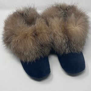 Artisan Fur Trimmed Blue Suede Slippers - Sz 5 - 6
